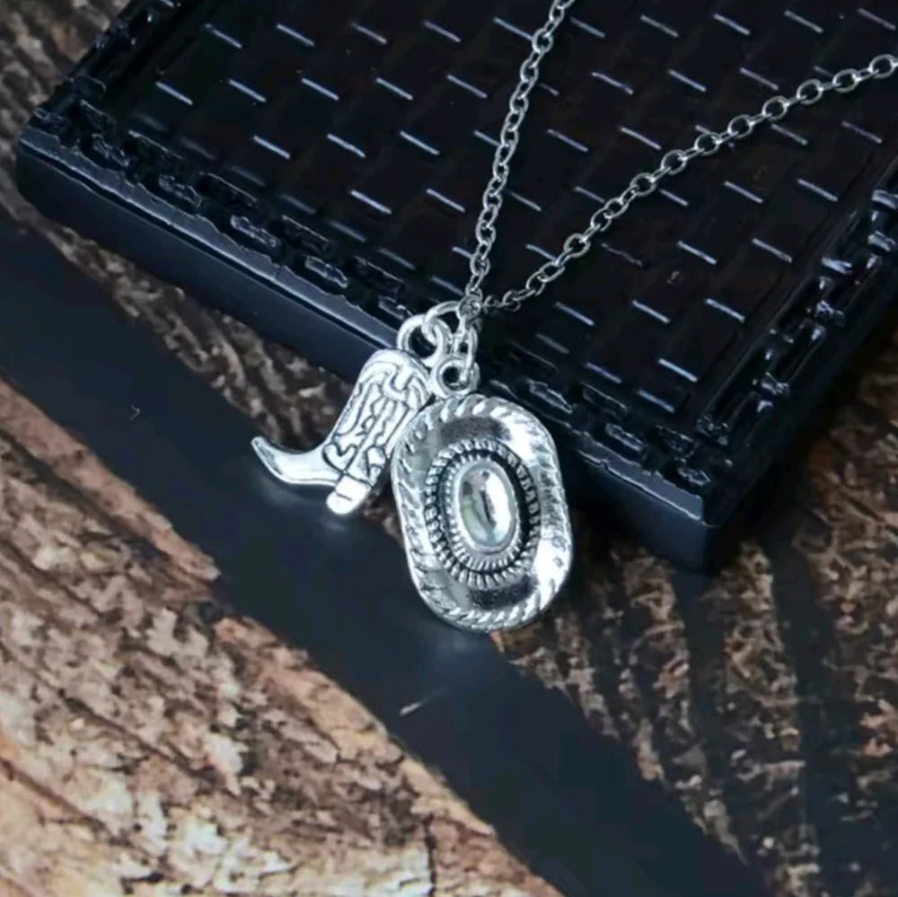 Silver Western Cowboy Hat & Boot Necklace Dainty Coastal Cowgirl Jewelry